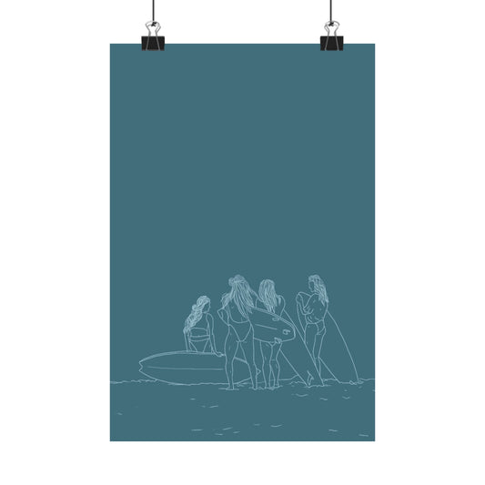 Surfer Girls Sketch Poster, Beach Art Print, Ocean Vibes Illustration, Coastal Wall Decor, Matte Vertical Artwork, Blue Surfing Drawing,